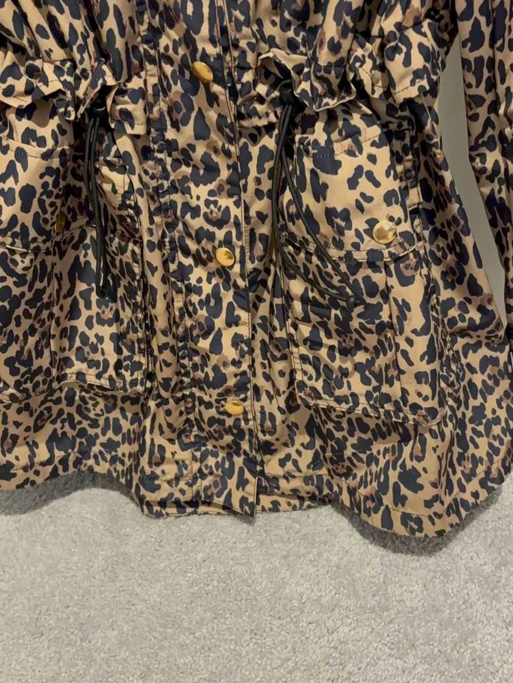 J. Crew Leopard Print long water resistant Jacket in Tan and Black with hood
